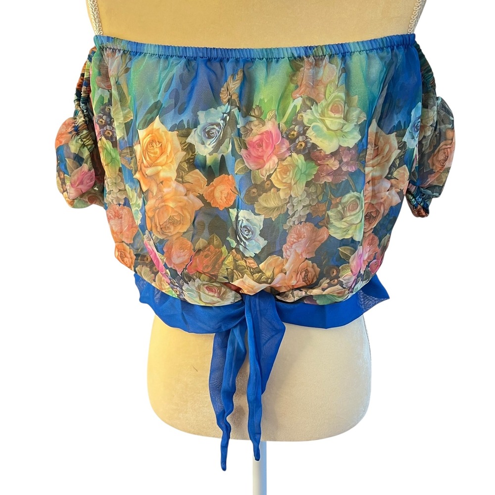 Floral Chiffon Off Shoulder Crop Top Tie Front Blouse‎ Summer Boho Women's XS